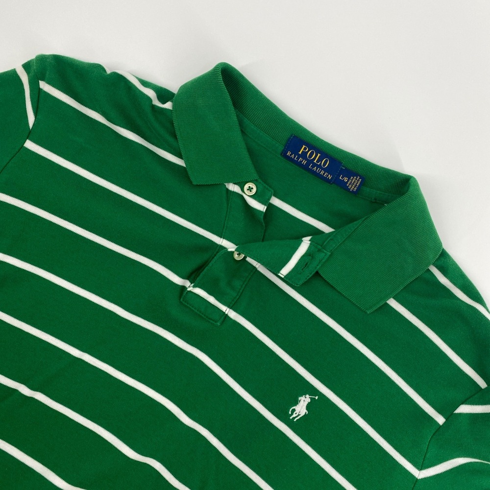Polo Ralph Lauren Shirt Mens Large Green White Striped Preppy Golf Old Money